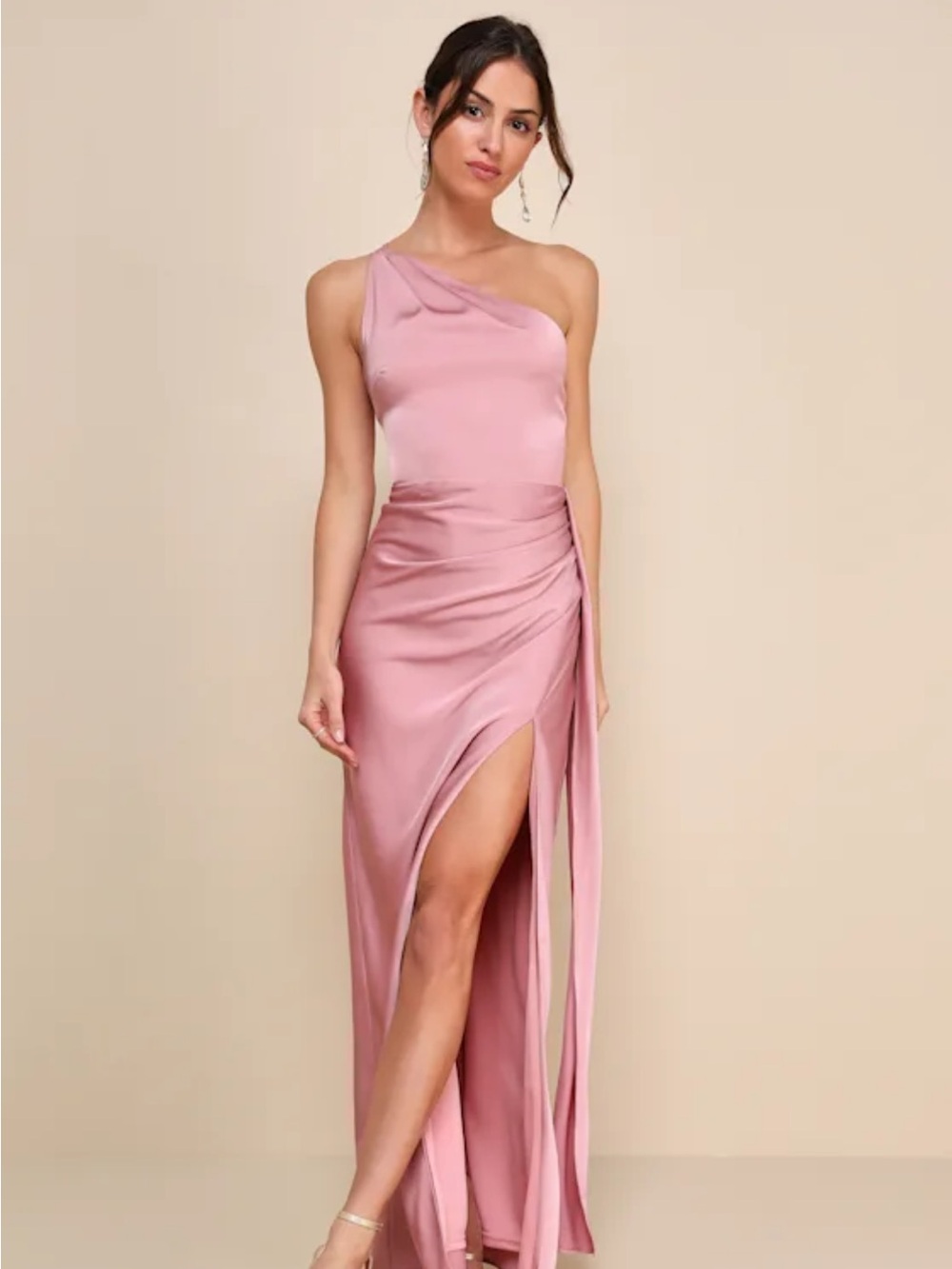 Lulus Signature Elegance Rose Satin One-Shoulder Maxi Dress
